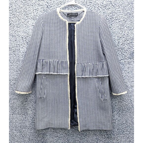 Zara Gingham Check Plaid Coat Size M Tweed Open Front Ruffle Boho Preppy Blue - Picture 2 of 12